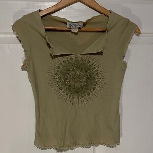 Self Esteem Olive Embellished Short Sleeve Top Y2K M